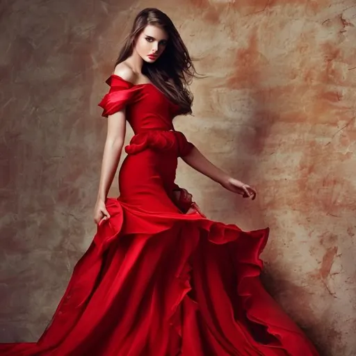 Prompt: Beautiful fashion design model with red dress 