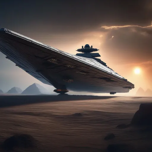 Prompt: A Star Destroyer from Star Wars movies, Hyperrealistic, sharp focus, Professional, UHD, HDR, 8K, Render, electronic, dramatic, vivid, pressure, stress, nervous vibe, loud, tension, traumatic, dark, cataclysmic, violent, fighting, Epic
