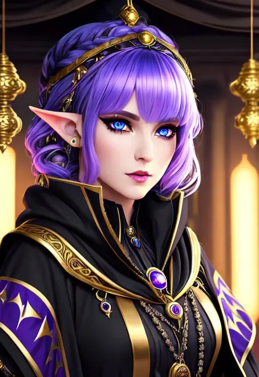 Prompt: half body portrait, female , elf, detailed face, detailed blue and purple eyes, full eyelashes, multicolored alien eyes, ultra detailed accessories, detailed interior, potion class background, black cloak, black hood, black robes with white undershirt and gold trim, curly multicolored hair, bangs, dnd, artwork, dark fantasy, tavern interior, looking outside from a window, inspired by D&D, concept art, night time, ((looking away from viewer:0.3))