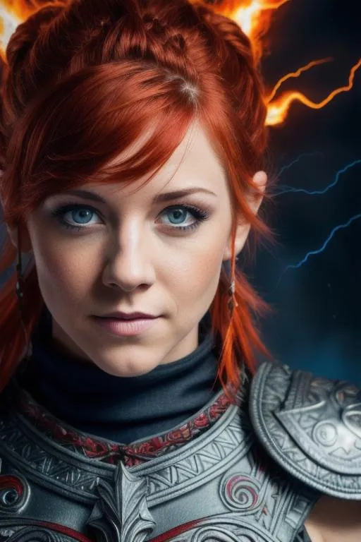 Prompt: a closeup portrait Lindsey Stirling, red hair pulled back, blue eyes, skyrim fire mage armor, intricate detail, high quality, flaming lightning background, intricate detail, high quality, high detail, masterpiece, intricate facial detail, high quality, detailed face, intricate quality, intricate eye detail, highly detailed, high resolution scan, intricate detailed, highly detailed face, Very detailed, high resolution