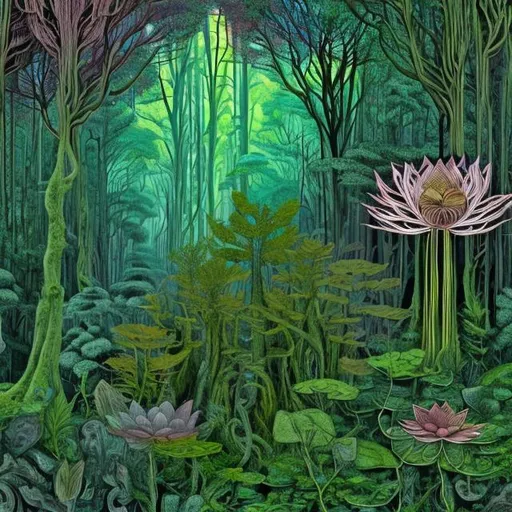 Prompt: a forest background with moss, in front of a clearing there is an old tree that is segmented like a wire sculpture. the tree is growing a lotus flower, and the flower is fractal in nature. The flowers and the surrounding area are psychedelic and resemble a an lsd trip. the ferns from the forest are as well.