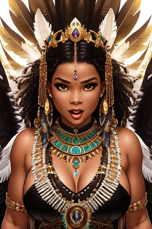 Prompt: UHD, hd , 8k, , hyper realism, Very detailed, panned out view, horror, creepy, Lovecraftian nightmare world, Nia Long yelling, sleeveless, brown hair, brown eyes, tears running down face, wearing tribal crown and feathers, ethereal, happy, jewelry set necklace wild hair, royal vibe, highly detailed, watery eyes,tears running down face, highly detailed face, digital painting, Trending on artstation , HD quality, tan skin,artgerm, by Ilya Kuvshinov tentacles surround her,  Lovecraftian atmosphere, tentacles surround the background,  art by Ilya Kuvshinov 