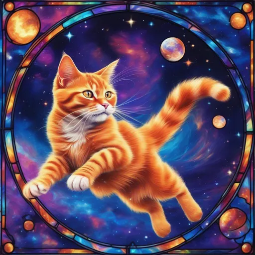 Prompt: a colourful orange tabby tomcat made of stars and outer space, jumping over the moon in space a photorealistic impressionistic Disney Lisa Frank style. in a stained glass style