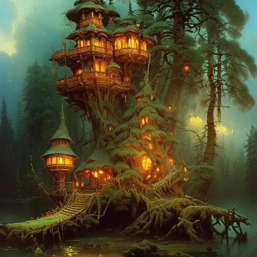 Prompt: Oil painting of a fantasy treehouse by ivan shishkin and aivazovsky, highly detailed, masterpiece