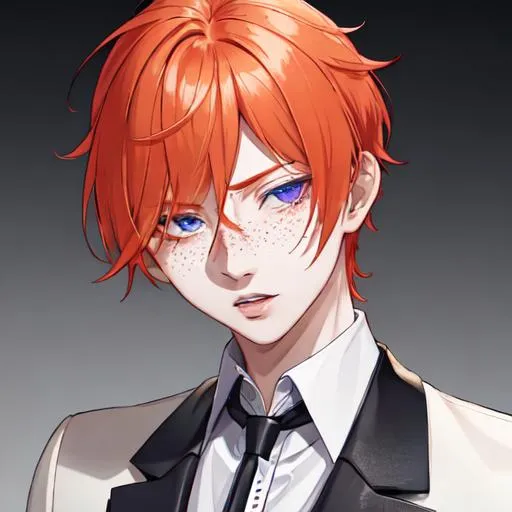 Prompt: Erikku male (short ginger hair, freckles, right eye blue left eye purple) UHD, 8K, Highly detailed, insane detail, best quality, high quality. As the godfather, mafia, crime lord