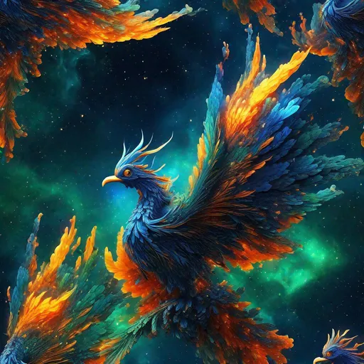 Prompt: "Phoenix, many different nuances of blue orange and green, mythical phoenix, a bird made of the pillars of creation, flying through the universe, post production, captured by James Webb telescope, hypermaximalist, intricate and elegant, 16k resolution, high quality render, bloom, sfx"