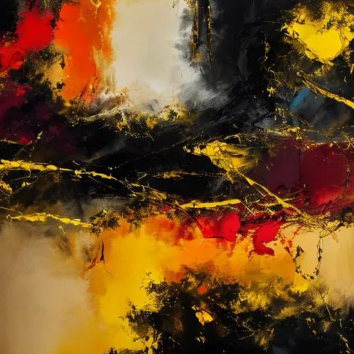 Prompt: Fallen heaven black,golden,yellow, red, orange mixing together in high resolution oil abstract art, canvas painting