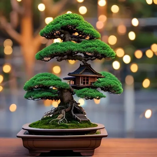 Prompt:  Bonsai with a wooden tree house with string lights at night

