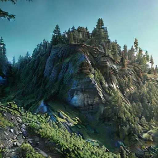 Prompt: a mountain cliff that ha pants ans trees on it, 8k ultra hyper realistic resolution, digital art, -ar 16:9