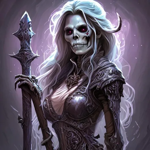 Prompt: Full body splash art of a sweet, youthful, female undead skeleton zombie sorceress, very long light brown hair, wearing long light-colored iridescent robe, carrying a wooden staff, D&D, dnd, fantasy, highly detailed, sharp focus, digital painting, artstation, 4k, 8k