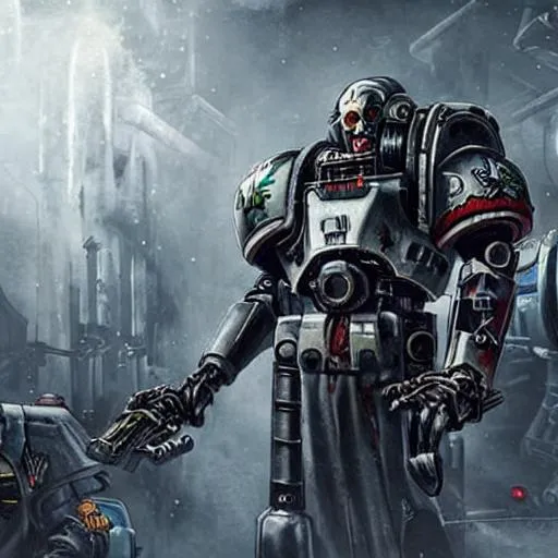 Prompt: Old tired cyborg in warhammer 40k universe, dark, sad,   mechanical scenery in  the  background, cinematic camera