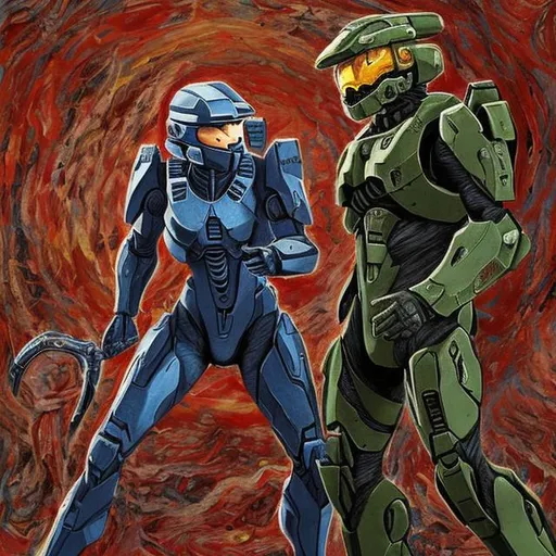 Prompt: Master Chief and Cortana from Halo  in the Red Room from Twin Peaks painted in the style of Jackson Pollock and William Blake