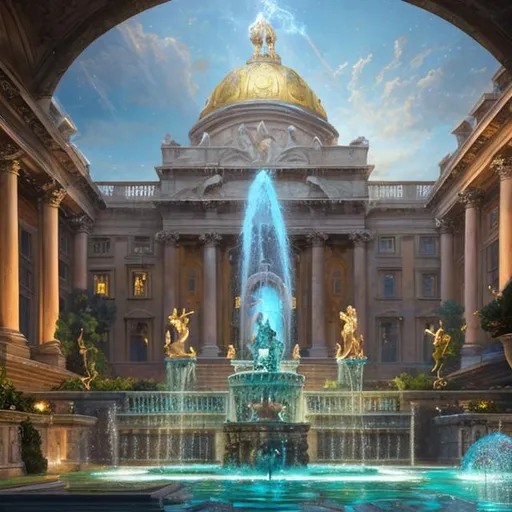 Prompt: a large building with a fountain in front of it, 2. 5 d cgi anime fantasy artwork, as an offering to zeus, inspired by Domenico Quaglio the Younger, by mark keathley, in their noble mansion, rendering of beauty pageant, videogame render, vektroid, art for the game, krenz cushart and artgerm, comic book:.2 | unreal engine:.3