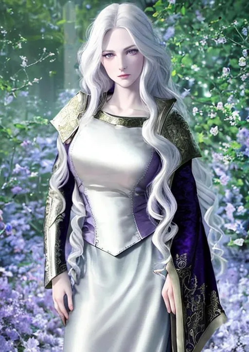 A witch with long purple dress, white hair, neotenic...