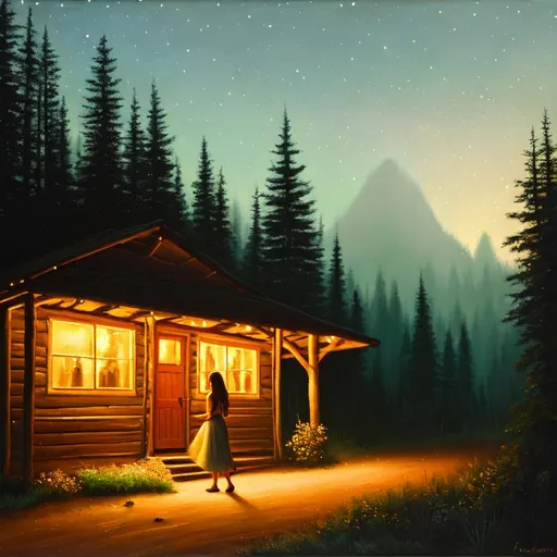 Prompt: painting of a woman, nighttime, cavewoman, forest, shack, road, soft light, pastel colors, muted color scheme, art, painting, fireflies