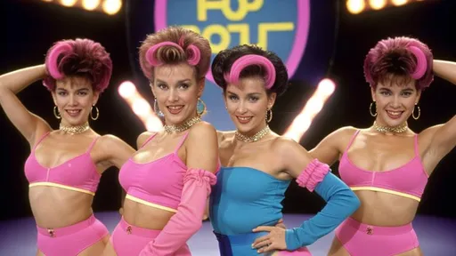 Prompt: Early 90s happy fun French morning tv show with full on aerobic dancing pop stars with big shoulder pads and big French bouffant hairstyles dressed in garish dated 90s colors. Tv studio.