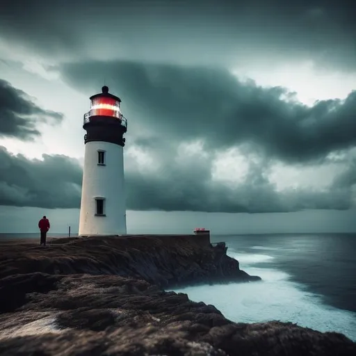 Prompt: a lone man standing at a lighthouse at dusk in stormy and windy weather