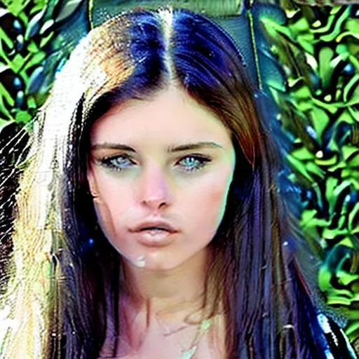 Prompt: v-shaped face, long wavy black hair, super plumped lips, blue eyes, small nose