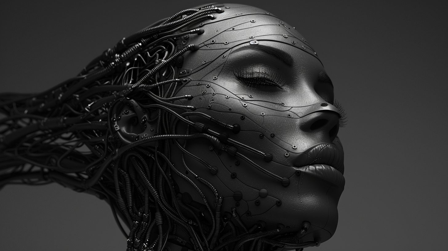 Prompt: 3d female face surrounded by wires,, in the style of dark silver and dark black, afrofuturism, intricate body-painting, pixelated, robotic motifs, made of rubber, textural minimalism