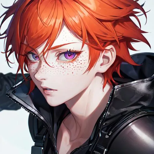 Prompt: Erikku male adult (short ginger hair, freckles, right eye blue left eye purple) UHD, 8K, Highly detailed, insane detail, best quality, high quality, holding a chainsaw