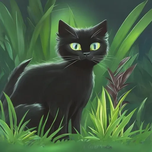 Prompt: A black cat surrounded by plants and grass in the evening, green eyes, more realistic and furry?

