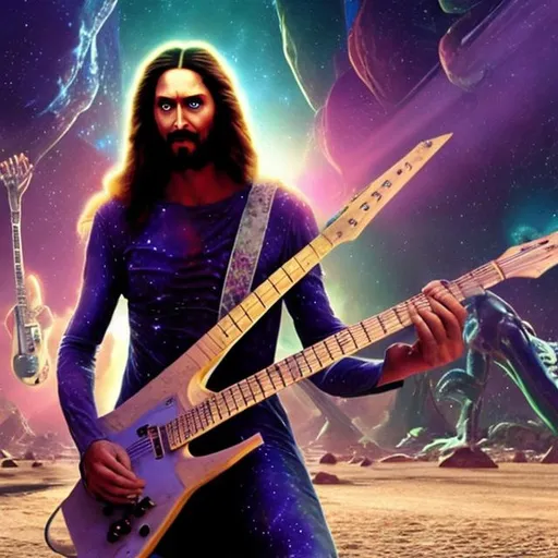 Prompt: Alien Jesus playing a double-necked Guitar for spare change in a busy alien mall, widescreen, infinity vanishing point, galaxy background, surprise easter egg