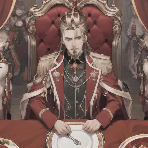 Prompt: king in a red coat, mink fur lined, pointy bejeweled crown, brown hair, goatee, medals on shirt, black cloths, sitting at the far end of a long table that has a red cloth running down the middle, plates and silverware line the sides in front of chairs with nobles sitting and conversing