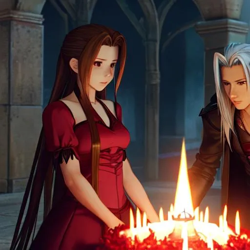 Prompt: Aerith from Final Fantasy doing a demonic ritual only to find Sephiroth from Final Fantasy watching her