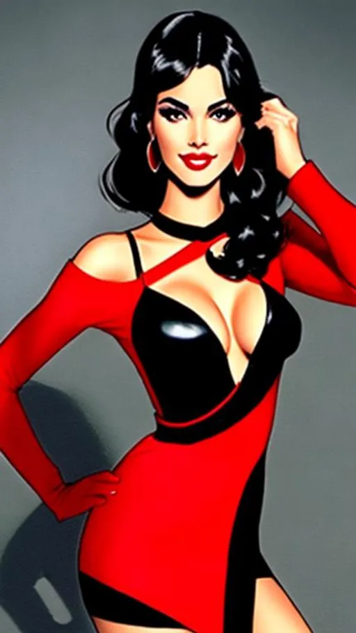 Prompt: full body drawing of a beautiful woman with dark black hair and a red dress. She is wearing a red domino mask like that of Robin. She is drawn in the comic-book style of Frank Quietly