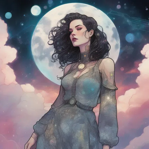 Prompt: A colourful and beautiful head to toe Persephone as a cyberpunk woman with brunette hair wearing an old vintage lacy dress, with clouds for hair in a painted marvel comics style framed by constellations and the moon