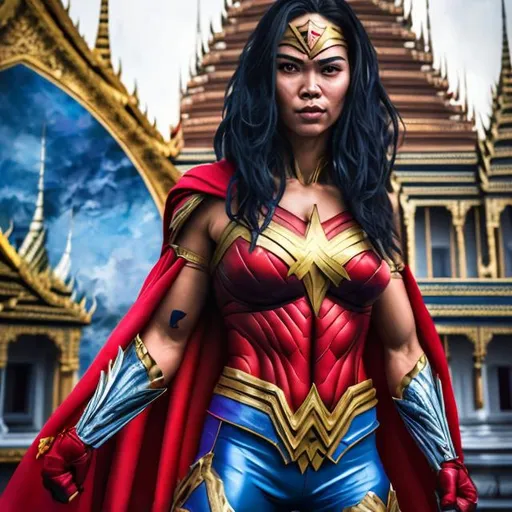 Prompt:  oil painting of one hybrid superhero character, Mix wonderwoman and female muai thai fighter, red muai thay shorts, in realistic background of bangkok grand palace,  vibrant colors, intense facial expression, detailed armor and cape, 4K, detailed facial expression, superhero, vibrant colors, intense gaze, advertisement-worthy, realistic, detailed illustration, professional, vibrant lighting
