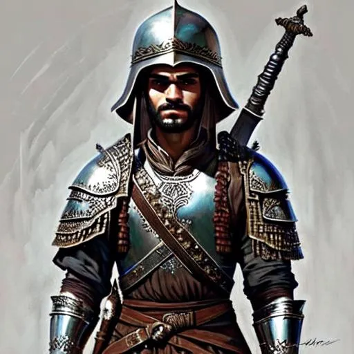 Prompt: A medieval kurdish warrior with a intricate armor. He wears a turkish helmet and holds a sword 
Well draw face, detailed, well draw hands, Full body,  painted in orientalist style  