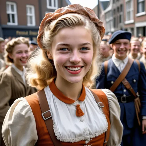 Prompt: Realistic photograph, highly detailed, Young Dutch woman (blonde, slim, sweet and cute) wearing period Dutch girls clothes, with highly detailed facial features smiling and waving, in Eindhoven during 1944, in street celebrating US Soldiers in period combat gear marching through a crowded street celebration.