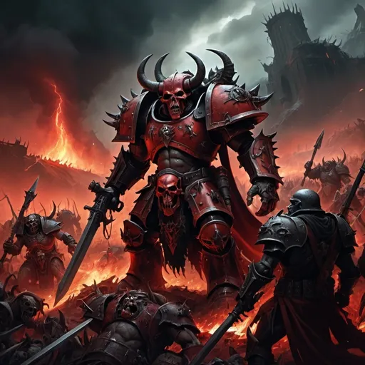 Prompt: warhammer fantasy rpg style Apocalyptic war scene with fantasy creatures, dark and gritty digital painting, high quality, detailed armor and weapons, epic battle, intense red and black color tones, dramatic lighting and shadows, demonic creatures, ruined landscapes, fantasy, warhammer, apocalypse, digital painting, detailed armor, epic battle, intense colors, dramatic lighting