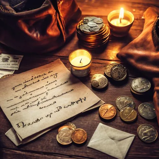 Prompt: sack of coins, leather, table, letter, candle, ambient light, nostalgic