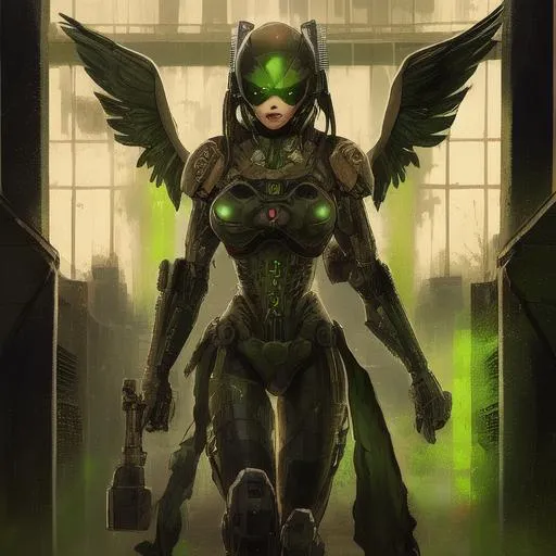 Prompt: Beautiful female angel of death, radiation, Chernobyl, green, gothic, stalker, tattoos, cyberpunk, mech, red fire