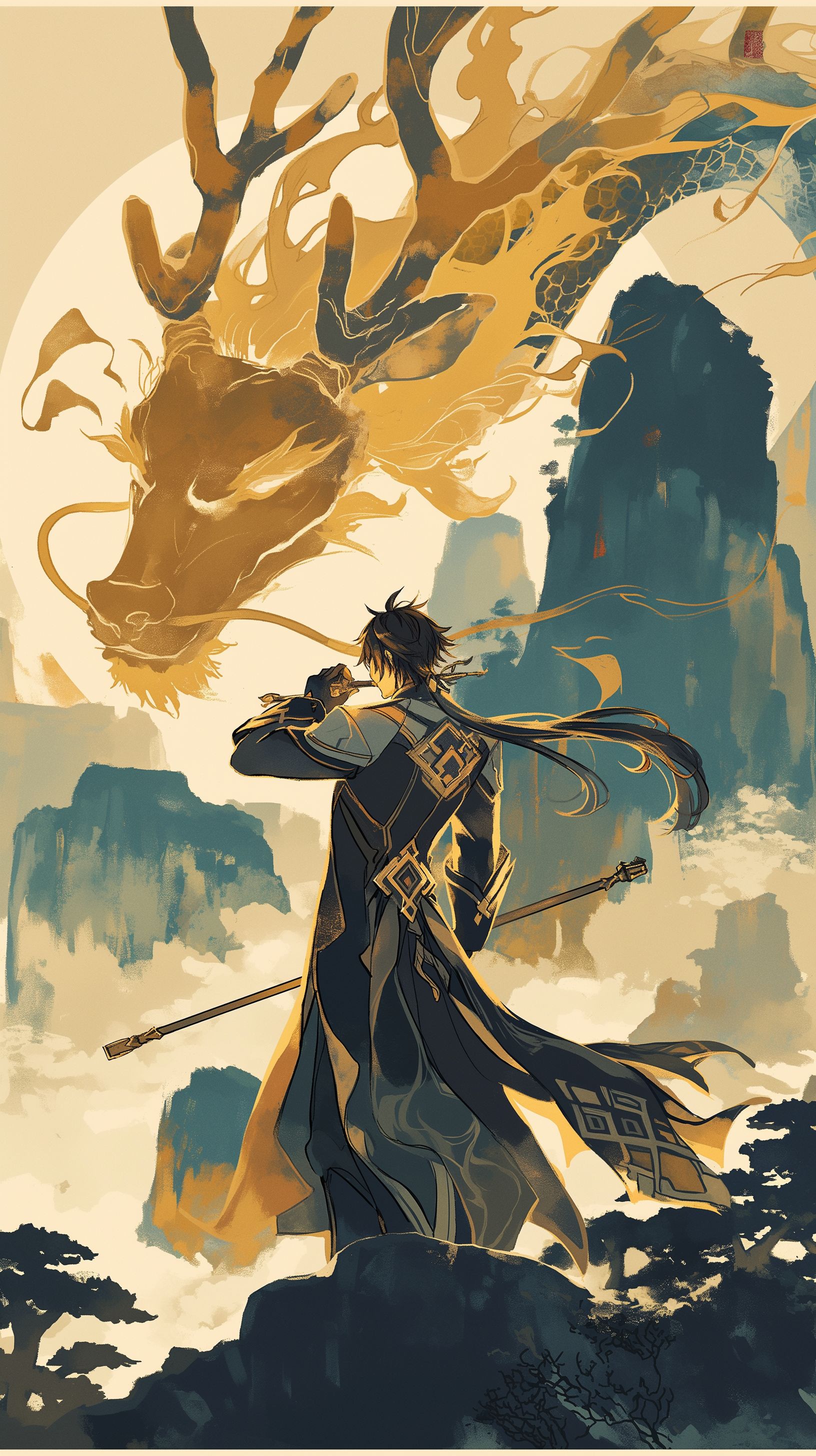 Prompt: Zhongli from Genshin Impact standing infront of stone mountians with a long brown pipe regally in one hand holding it up next to his face, glowing golden eyeshadow, glowing yellow dragon antlers, Japanese Wood Block Print, Vintage, White border around image, simple water colors and brush strokes, mystical --ar 9:16 --niji 6