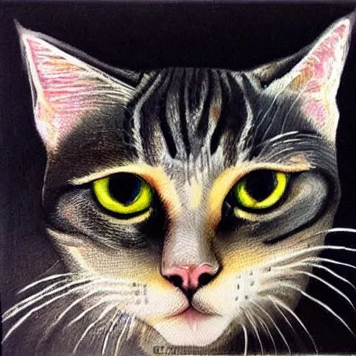 Prompt:  cats painted realistic in a dark room