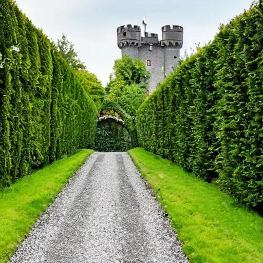 Prompt: A gravel path along a green hedge leading to a tree-lined castle. outside stands a ruddy horse