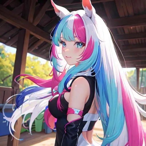 Prompt: Haley as a horse girl with bright multi-color hair,