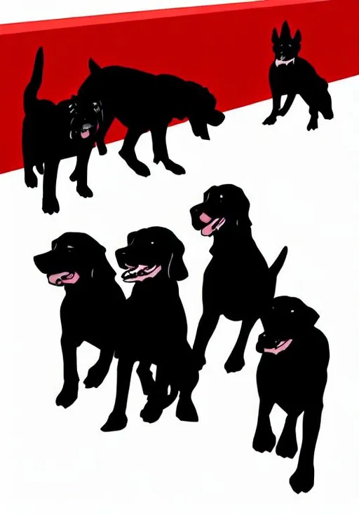 Prompt: Four dogs walking towards a red fire hydrant in the art style of a reservoir dogs movie poster