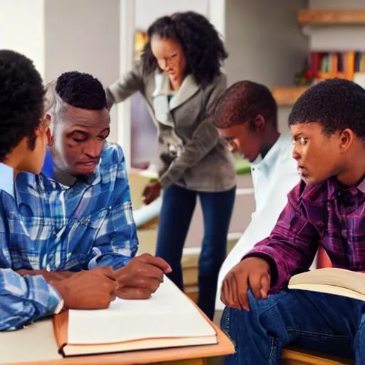 Prompt: photorealistic of an african american man standing over 2 individuals seated at desks the man is holding a book and the students are staring at him in a compelling way the photo should be landscape