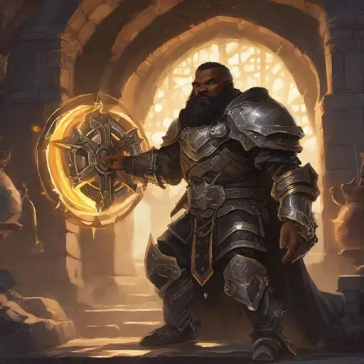 Prompt: a dark dwarven inventor with ebony skin, wearing black leather armor, a glowing mechanical orb is in the center of his chestpiece, he holds a mechanical crossbow, fighting in the middle of a fortress, in the style of fantasy concept art