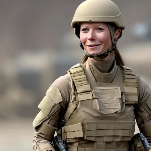 Prompt: gwyneth paltrow, tan body armor, military soldier, short black hair