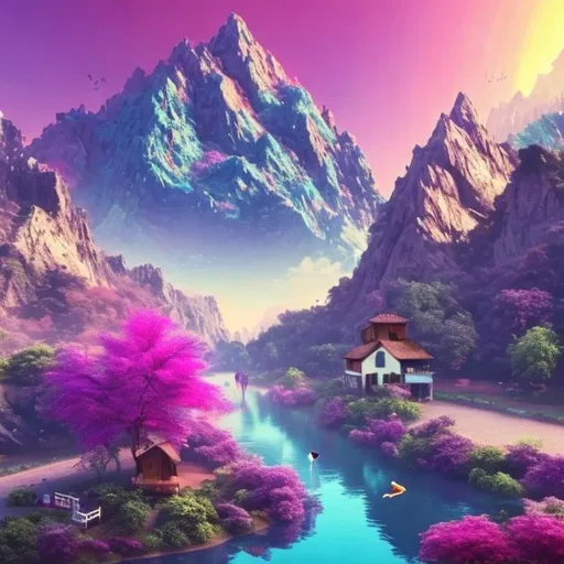 Prompt: Create a digital art with pink and purple waterfall. Blue sun set. Big mountains and a small house near the bank of the river.Also, a cute bird.