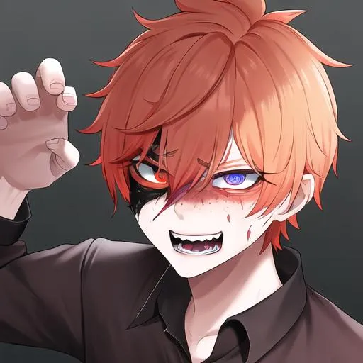 Prompt: Erikku male adult (short ginger hair, freckles, right eye blue left eye purple) UHD, 8K, Highly detailed, insane detail, best quality, high quality, covered in blood, covering his face with his hand, wide eyes, insane, fear, threatening, laughing, angry, fighting, psychopathic 