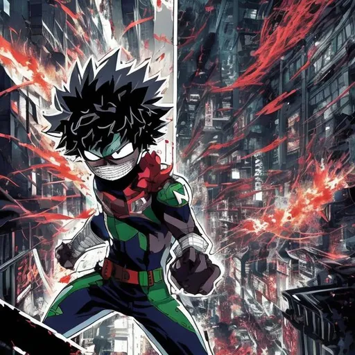 Prompt: My hero academia reimagined. masked vigilante deku villain versus bakugo. Fighting. Blood spatters. Very Dark image with lots of shadows. Background partially destroyed neo Tokyo. Noir anime. Gritty. Dirty. Detailed. Accurate. Perfect.