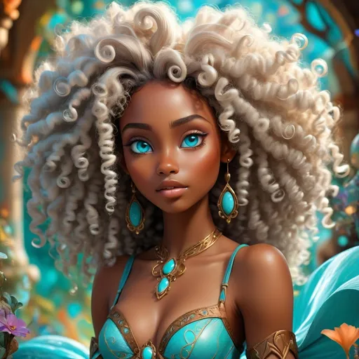 Prompt: (beautiful young black woman), vibrant fantasy style, bronze brown skin, luxurious white curly/coily hair, striking turquoise eyes, princess, magical atmosphere, enchanting light, whimsical background filled with fantastical elements, lush colors, dreamy vibe, high depth, ultra-detailed, captivating and imaginative composition.