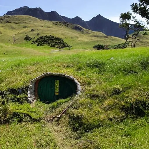 Prompt: hobbit hole down right with rolling hills and mountain in distance up left
