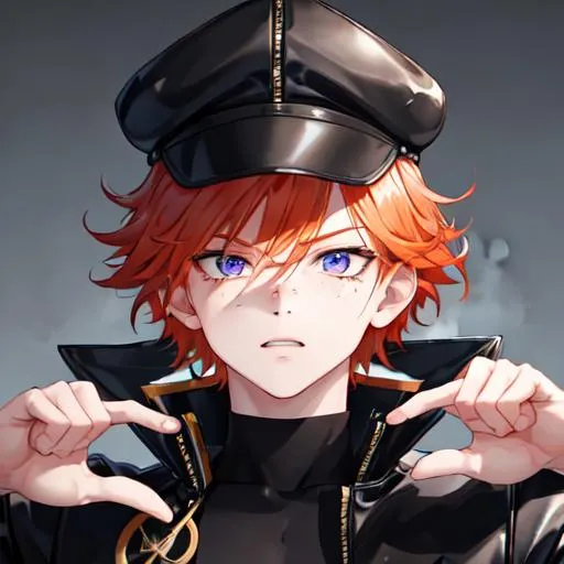 Prompt: Erikku male (short ginger hair, freckles, right eye blue left eye purple) muscular, UHD, 8K, Highly detailed, insane detail, best quality, high quality. hands in the air, wearing a sideways baseball cap, black jacket, black shorts